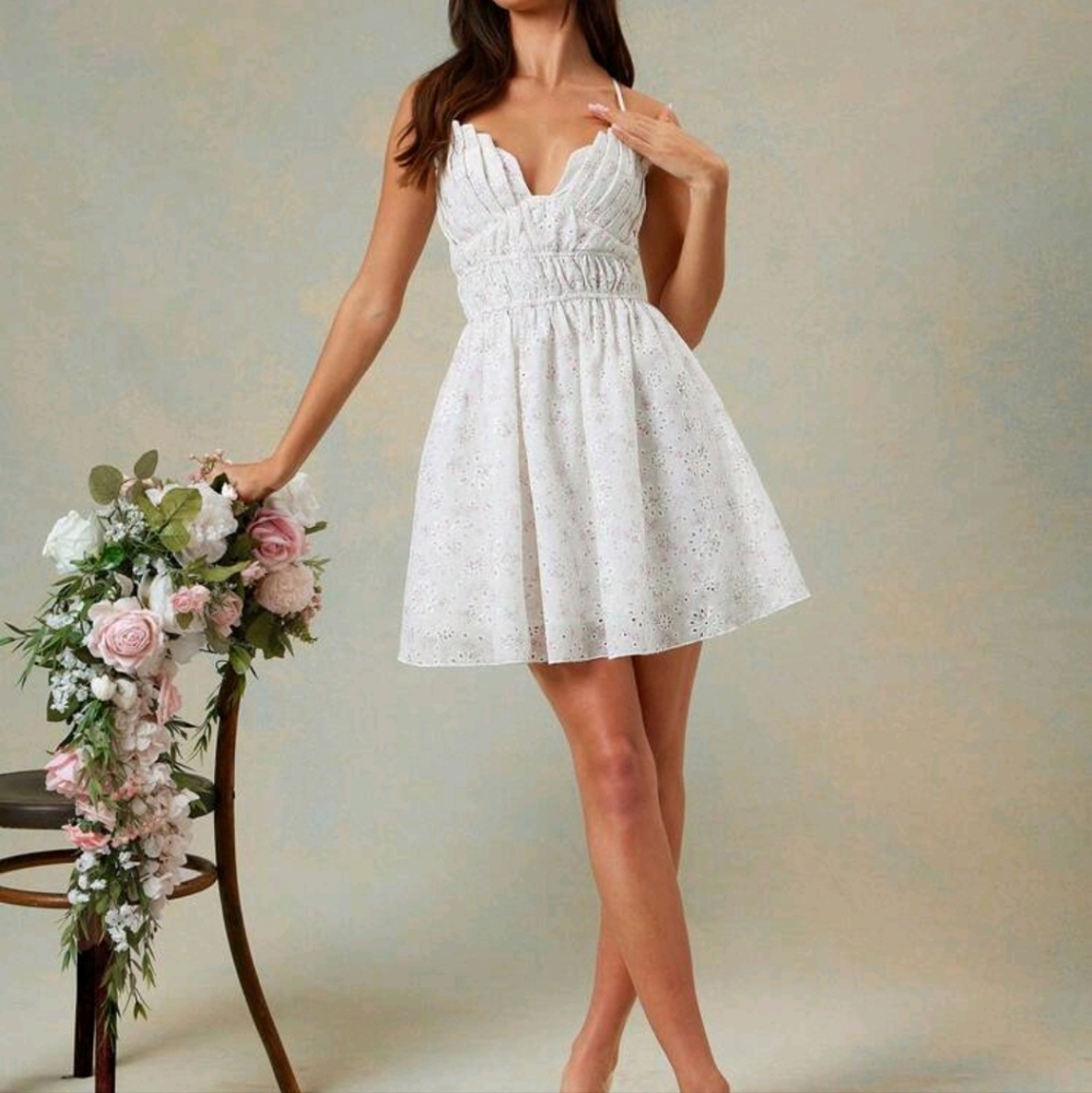 Elegant Floral Eyelet Pleated Bust Detail Sleeveless MSummer Backless Mini Dress - Picture 4 of 4